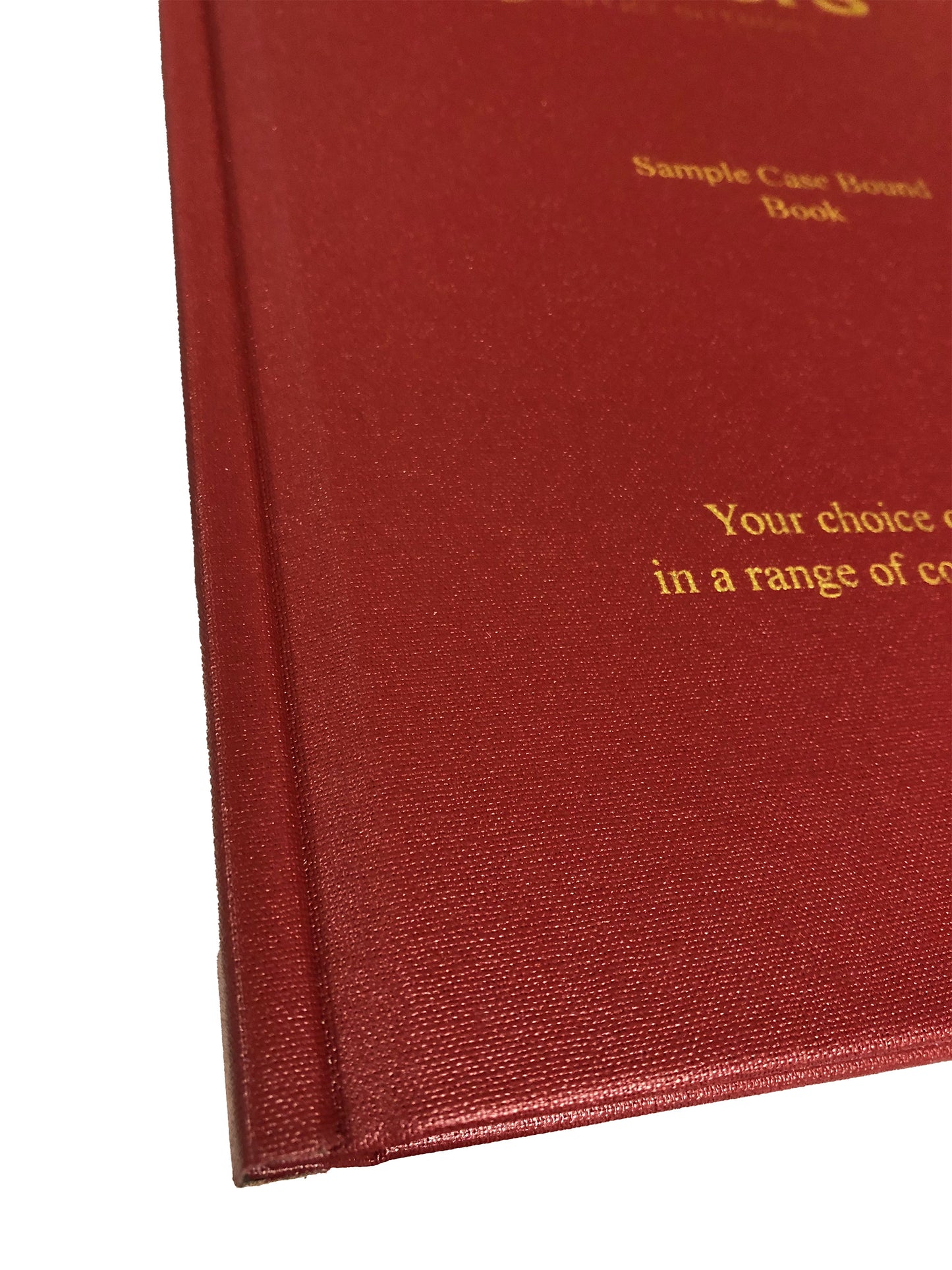 Colseup of Red buckram covered thesis with gold crest and gold lettering